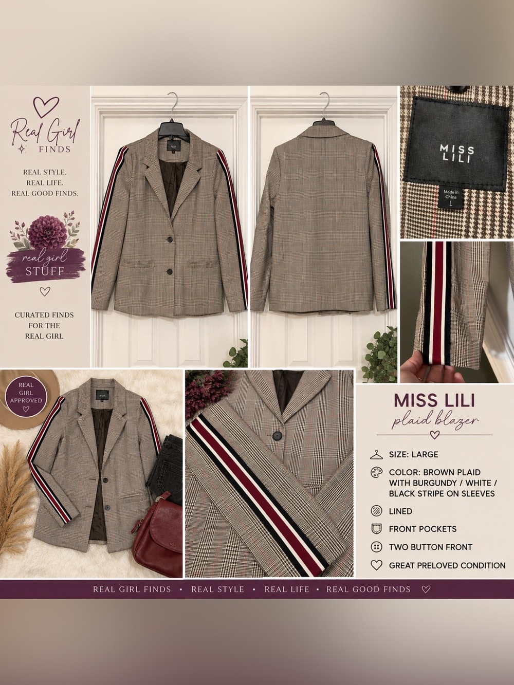 Miss Lili Brown Plaid Blazer with Burgundy & Black Sleeve Stripes